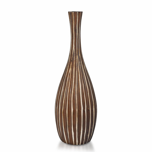 AeraVida Hand-Carved Tall Teardrop Mango Wood Vase with Vertical Stripes | Handmade Eco-Friendly Decor for Dried or Silk Flowers