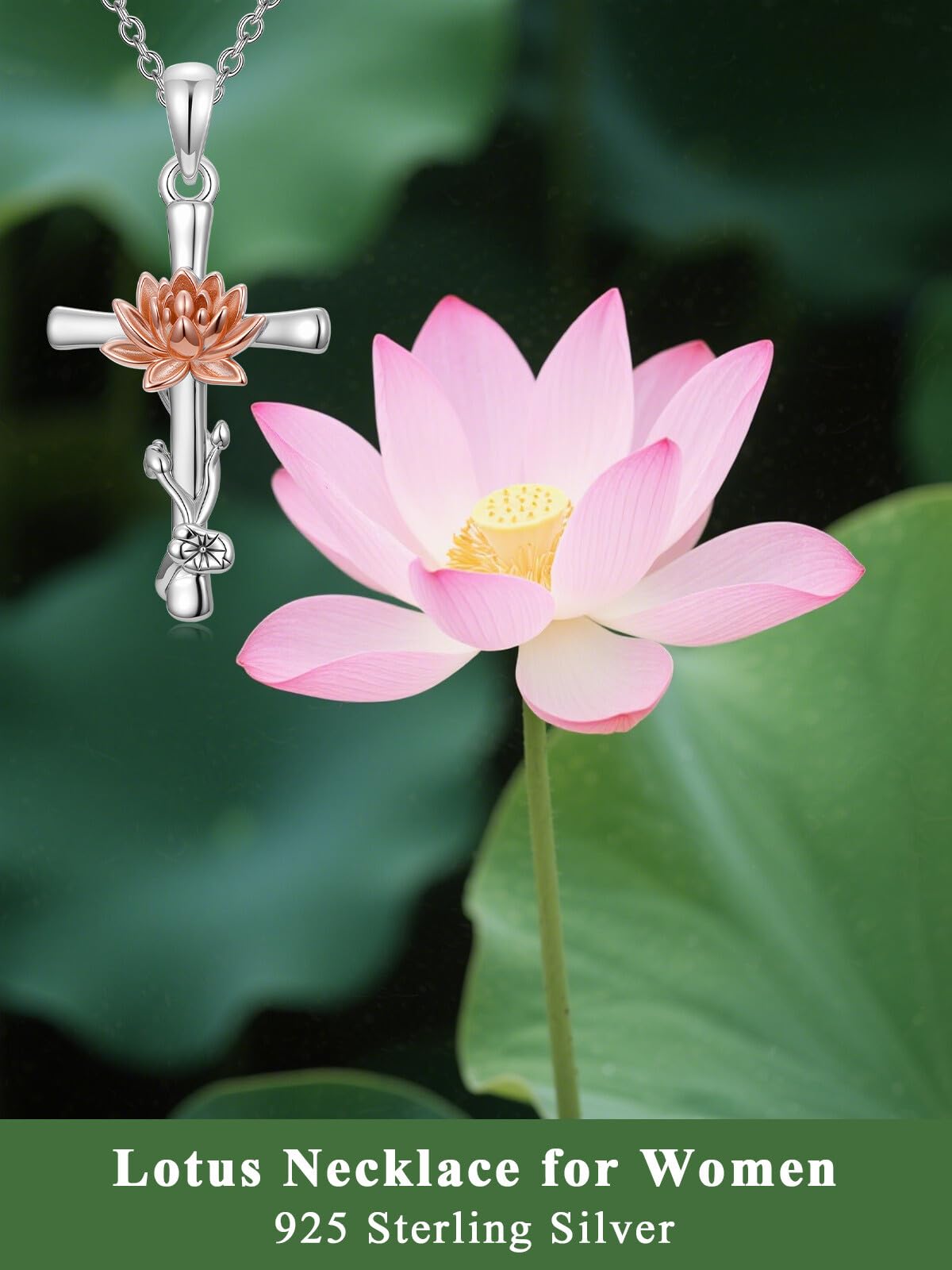 Cargari Lotus Flower Cross Necklace 925 Sterling Silver Lotus Pendant Necklace Floral Religious Jewelry Gift for Women