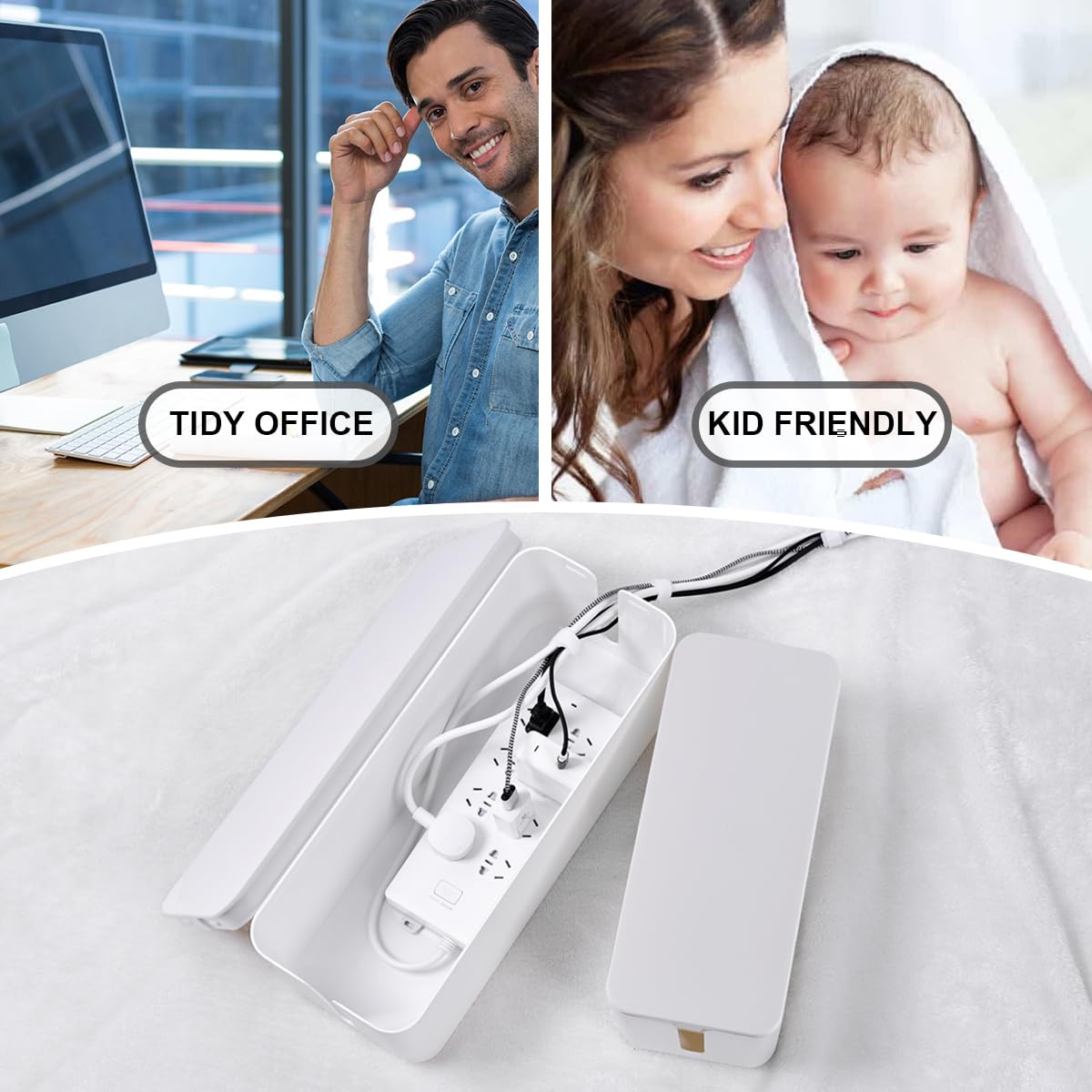 Cable Management Box, 2 Pack Large & Medium Cable Organizer Box with 17 PCS Cable Management Set, Cord Organizer Box to Hide Surge Protector on Desk or Floor (White)