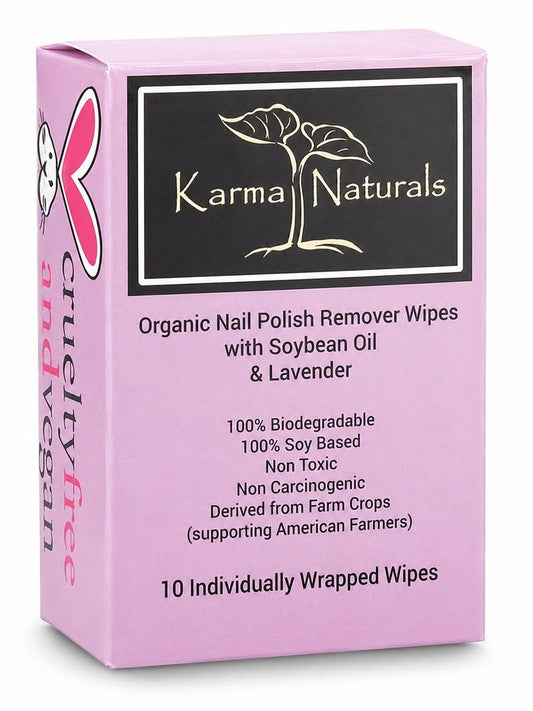 Nail Polish Remover Wipes with Soybean & Lavender Oil - 10 pcs Non-Toxic Nail Polish Remover Wipes - Soy Based Individually Wrapped Pads for Home & Professional Use by Karma Organic