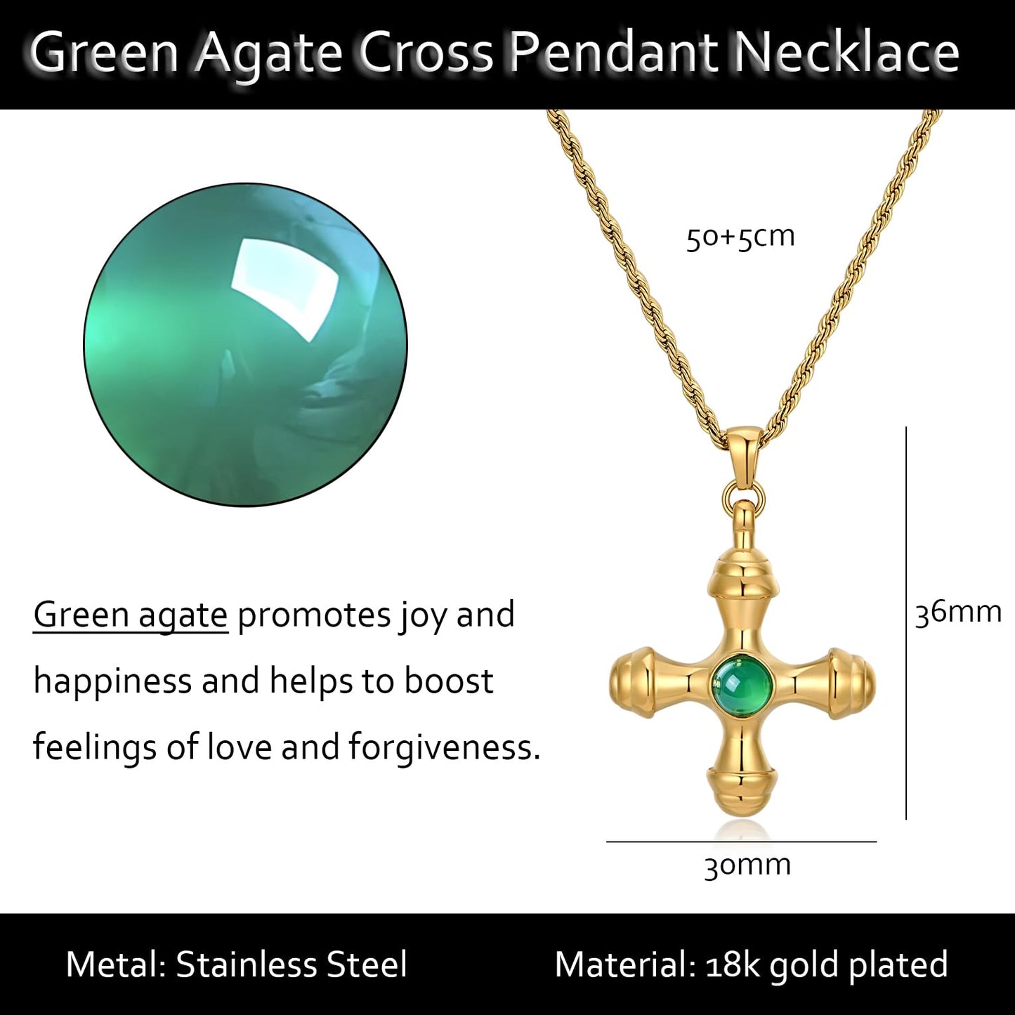 NUZON Green Agate Cross Necklace for Women 18K Gold Plated Stainless Steel Twisted Chain Gemstone Cross Pendant Necklace Layering Jewelry 19.7’’