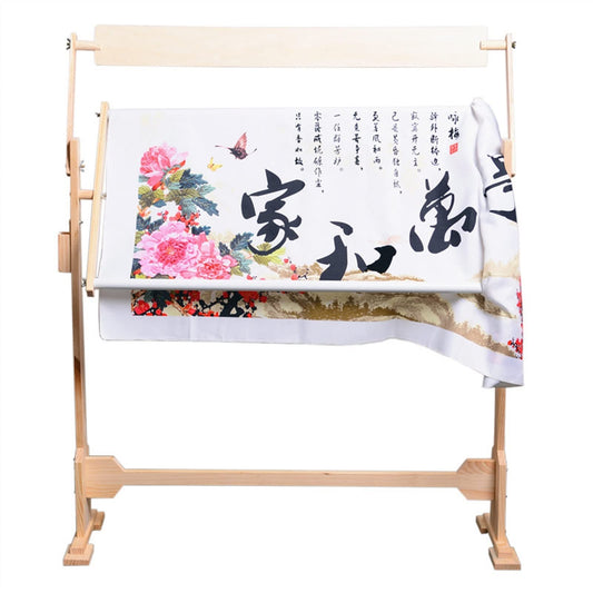 Adjustable Cross Stitch Frame Stand,Cross Stitch Floor Stand Wooden Needlework Table Lap Floor-Standing Scroll Frame Holder for Table and Couch, Wood, Brown,with Embroidery Frame