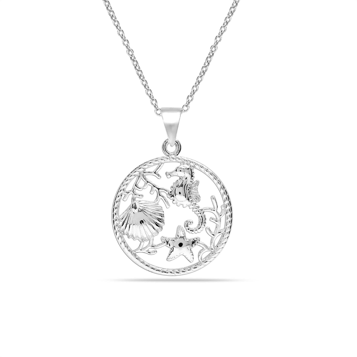 LeCalla 925 Sterling Silver Sea Life Pendant Necklace | Seahorse, Starfish & Shell Round Design Necklace Jewelry Gift for Women | Beach Style Necklace 18 Inches