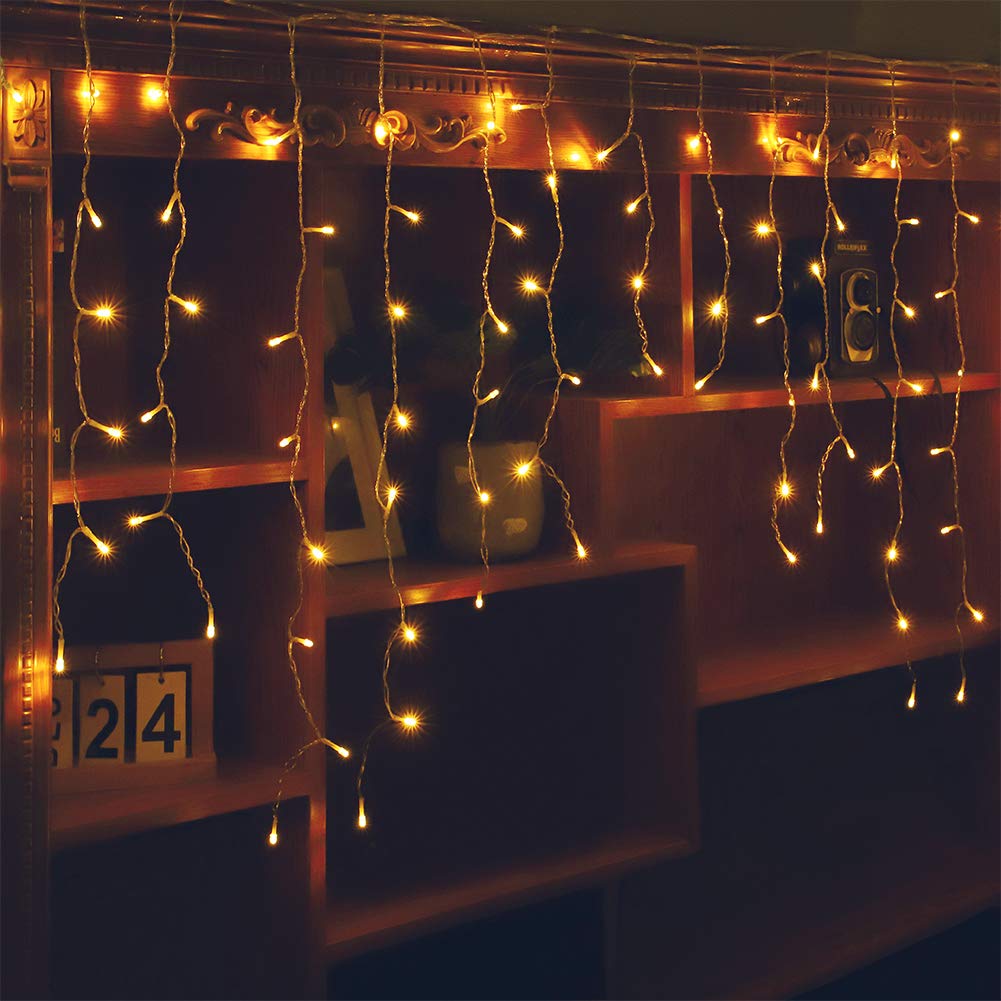 Orangie LED Icicle Lights, 96 LEDs 9.8ft 8 Modes, Curtain Fairy Light, LED String Light for Wedding/Christmas/Halloween/Thanksgiving/Easter/Party Backdrops Family Patio Lawn Decoration(Warm White)