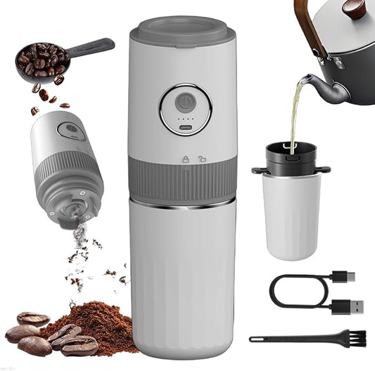 Portable Electric Coffee Grinder and Brewing Kit, Rechargeable, Conical Burr Mini Coffee Grinder with Filter, 32g Capacity & Coffee Cup for Camping, Travel, Office, Espresso, Pour Over, etc (White)