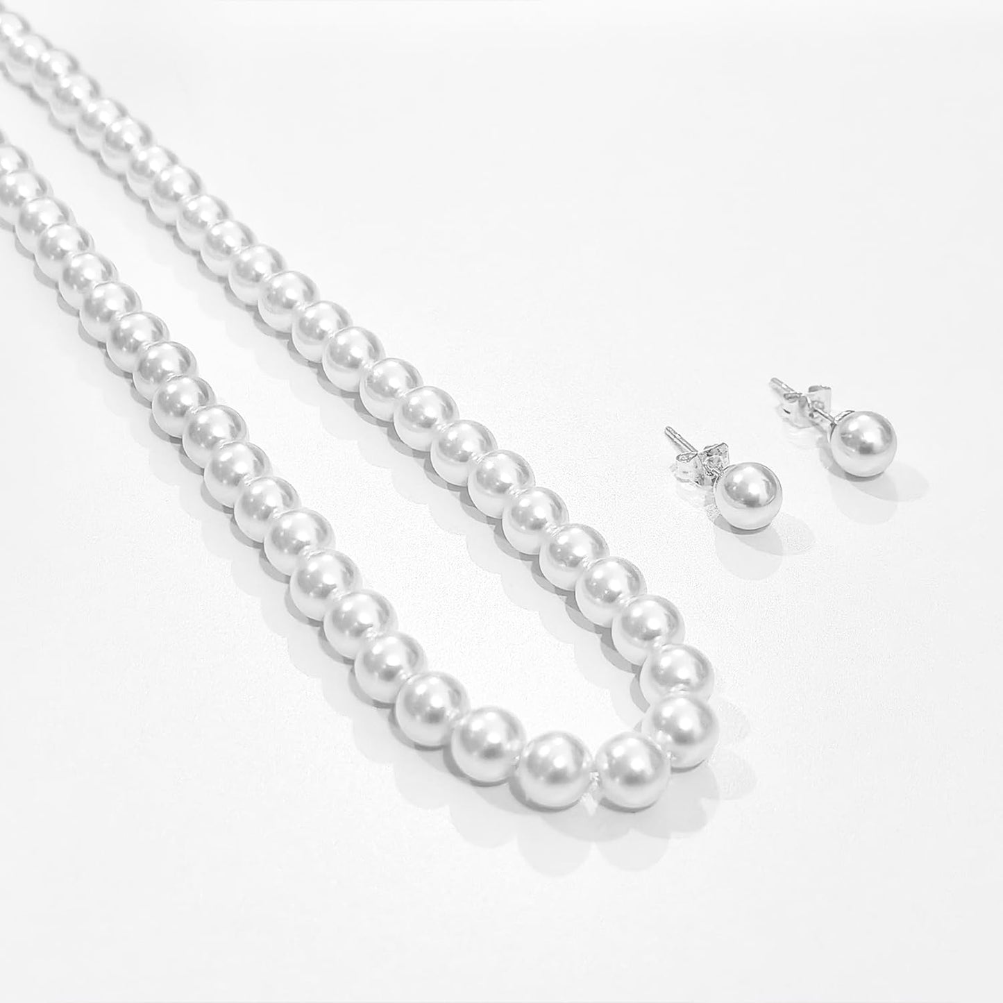 Zeffy Pearl Necklace and Earring Set for Women, White Round Faux Pearl Necklace Earring Set of 2, Jewelry for Brides