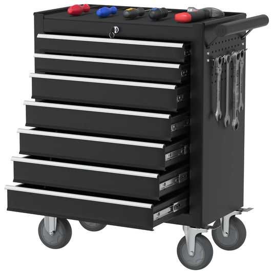 7-Drawer Rolling Tool Chest with Wheels, Metal Tool Box, Large Capacity Tool Storage Cabinet with Keyed Locking, Tool Organizer Box for Garage, Workshop, Warehouse (Black)