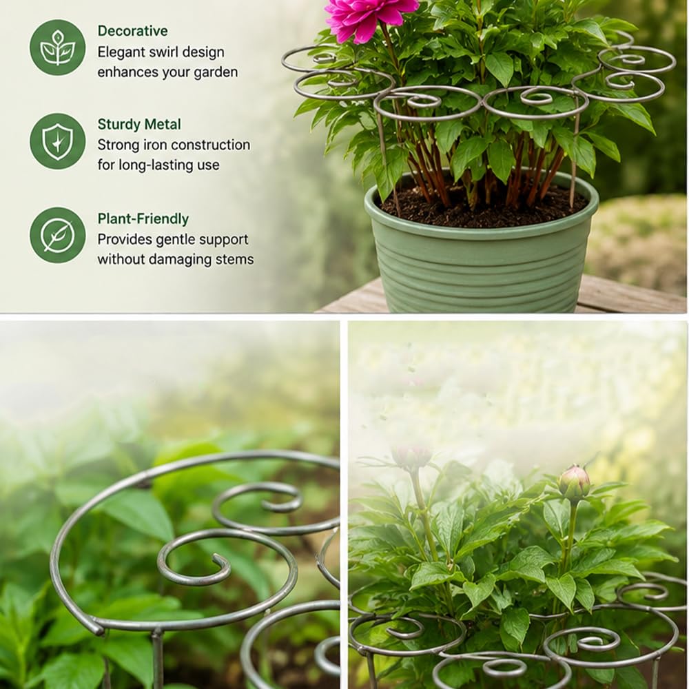 jenvd Metal Plant Support Ring for Garden Flowers, Stackable Plant Stakes for Indoor Outdoor Pots (M)