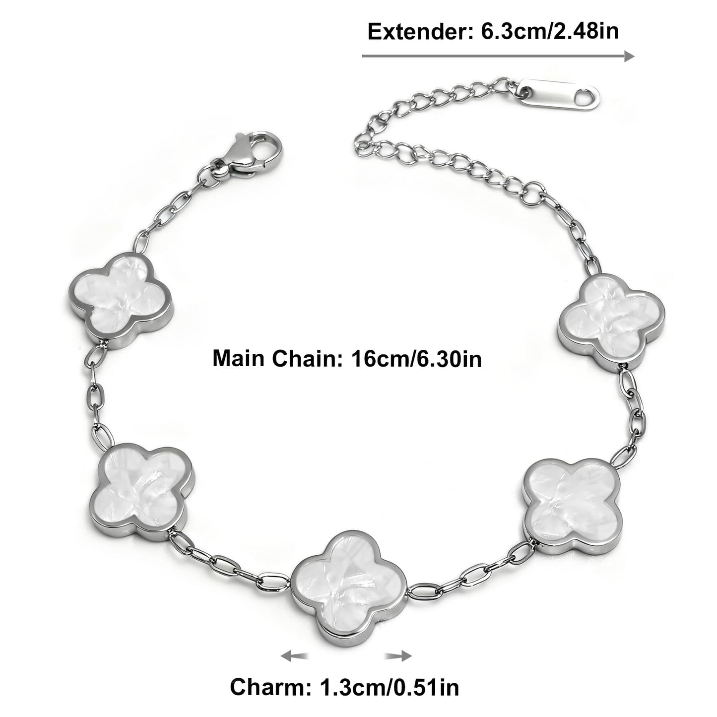 Aimétte Monette Silver Bracelets for Women, Four Leaf Clover Bracelet 2 Pcs, Silver Jewelry for Women, Black and White Flower Bracelet, Silver Jewelry Set