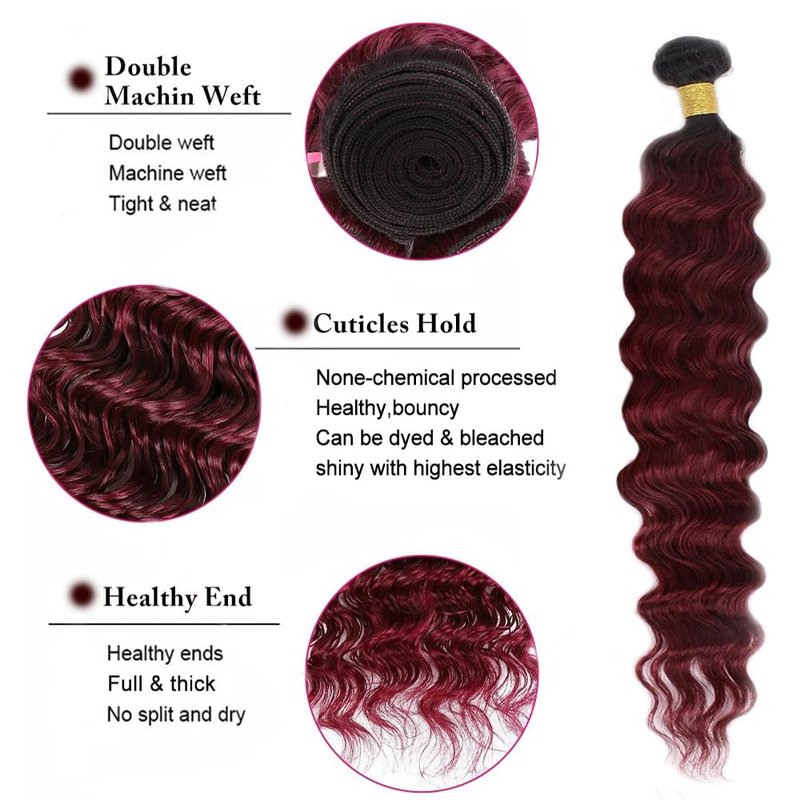 Burgundy Bundles Human Hair Ombre Deep Wave Human Hair Bundles 1B99J Red Bundle 12 14 16 Inch Burgundy Loose Deep Wave Bundle Unprocessed Brazilian Hair Extensions 300G