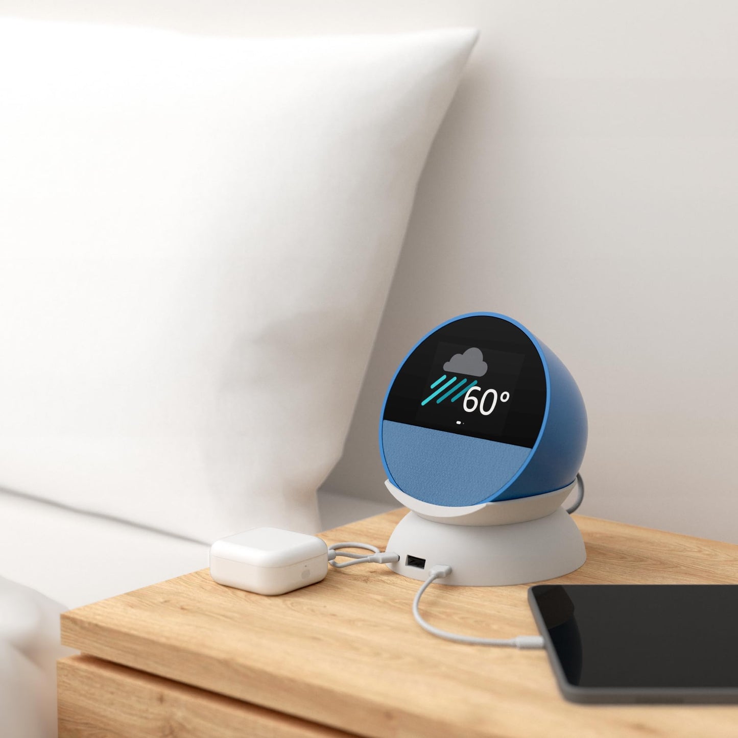 Echo Spot Bundle: Includes Echo Spot | Ocean Blue & Made for Amazon Stand with USB-C and USB-A Charging Ports | Glacier White