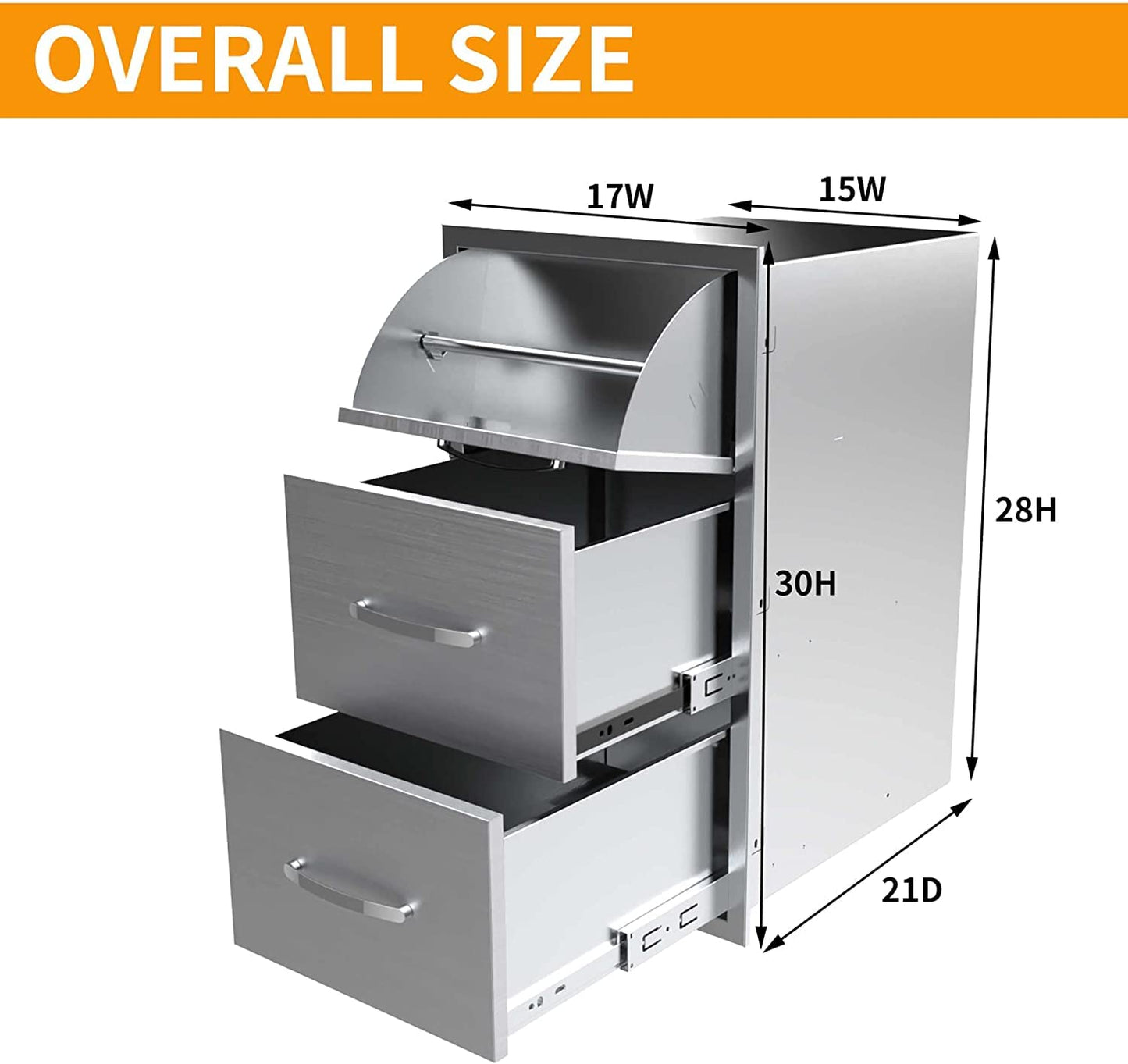 Outdoor Kitchen Triple Drawers 17" W x 30" H x 21" D Built-in BBQ Drawer with Paper Towel Holder Combo Stainless Steel Access Drawers for Outdoor Kitchen Island or Grill Station