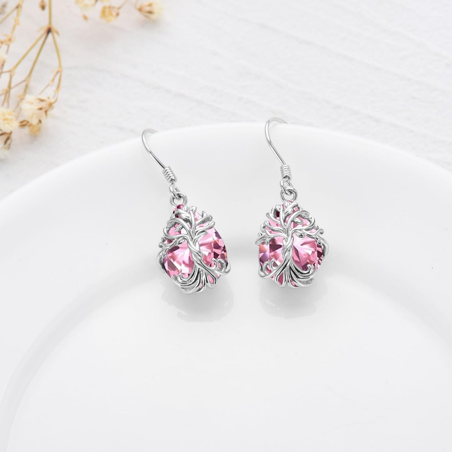 TOUPOP Pink Tourmaline Tree of Life Earrings Sterling Silver Teardrop October Birthstone Earrings Family Tree Pink Tourmaline Jewelry Birthday Mothers Day Gifts for Women Mom Her