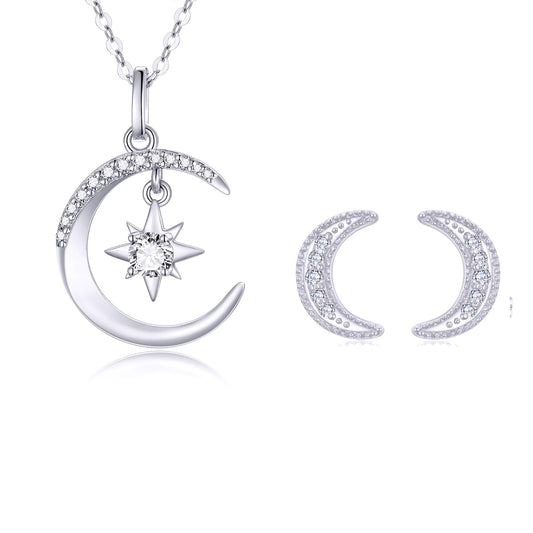 14K White Gold North Star Moon Necklace and Stud Earrings Set for Women