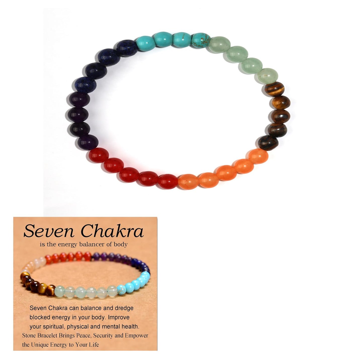 6mm Seven Chakra Stones - Stone of Balance Energy - Handmade Yoga Stretch Elastic Bracelet Natural Healing Gemstone Stress Relief Crystal Jewelry Power Energy Gifts for Men and Women