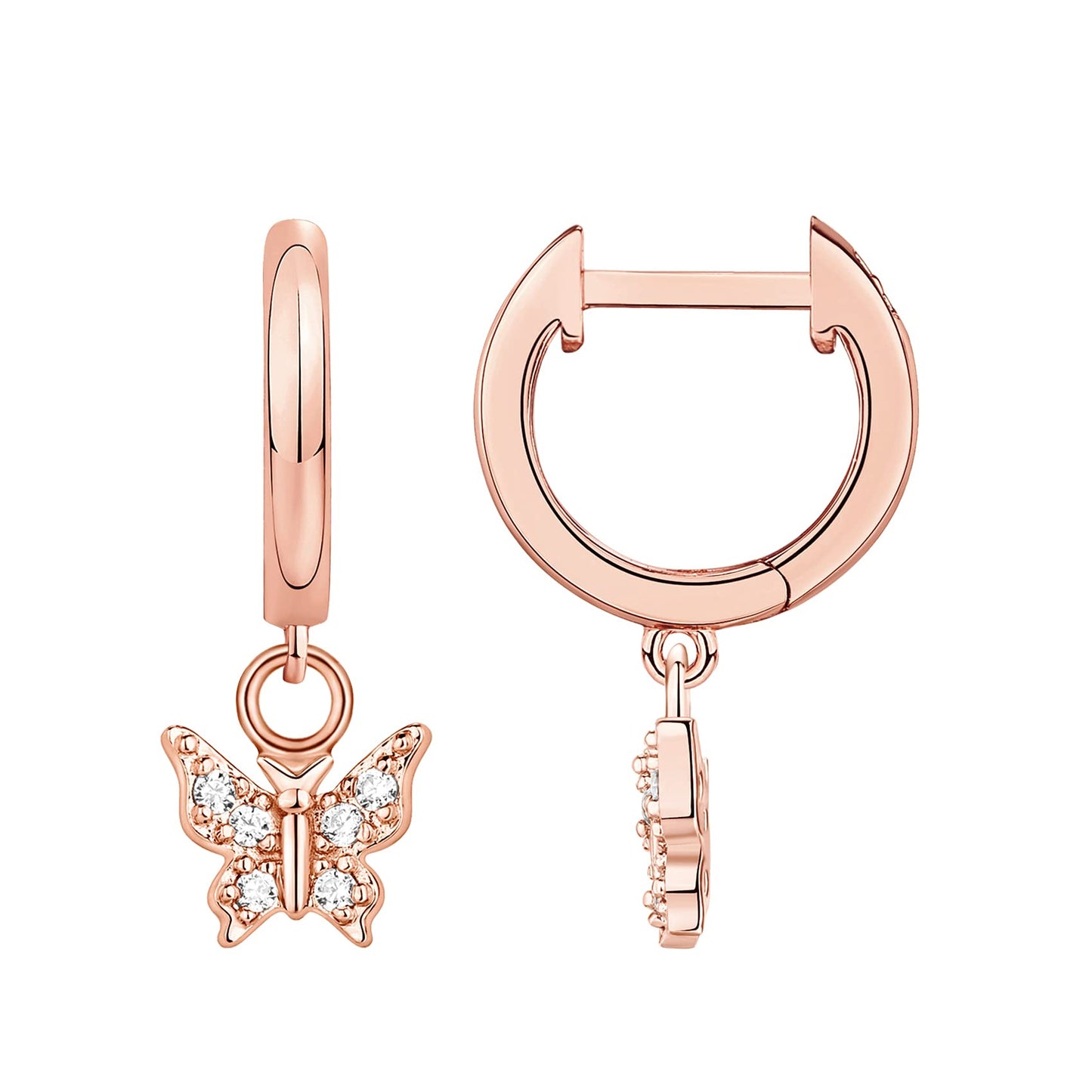 PAVOI 14K Rose Gold Plated 925 Sterling Silver Post Cute Dangle Huggie Hoop Earrings For Women - Trendy Butterfly Hoop Earrings - Small Hinged Huggies