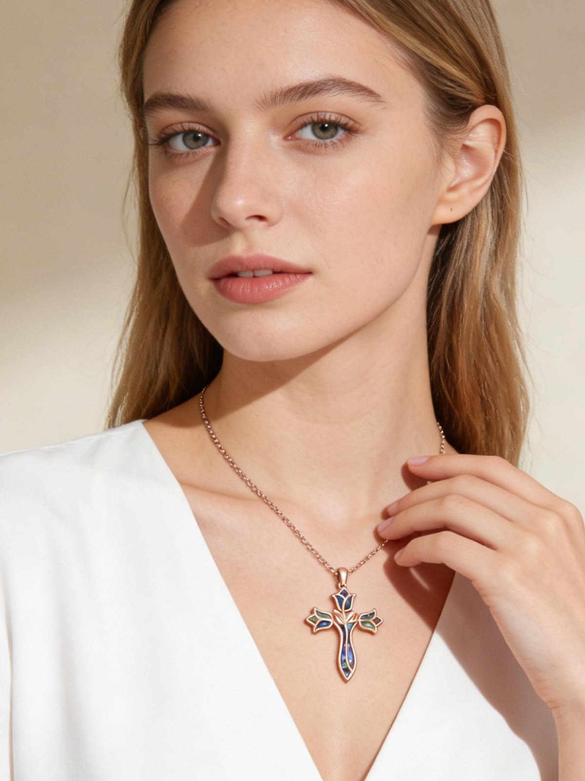 Dreamboat Rose Gold Plated Cross Necklace for Women Sterling Silver Cross Pendant Christian Necklace Tulip Abalone Shell Faith Confirmation Gifts Religious Jewelry for Mom