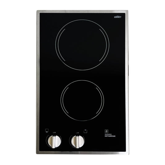 Summit CR2B12ST 12" Wide 115V 2-Burner Radiant Cooktop, Black Ceramic Glass, 1400W, ADA Compliant, Safety Heat Indicator, Easy to Clean, Cord Included, Hotel Suites, Extended Stay, Apartments, House