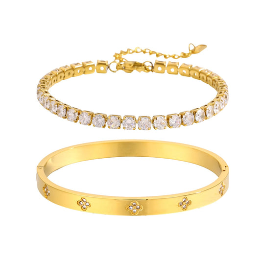 Acnode 18K Gold Plated Clover & Nail Bangle Bracelet for Women,Stainless Steel Non-Tarnish Stackable Nail Bangle Couple Bracelet for Love Trendy Jewelry (Gold-2PCS)