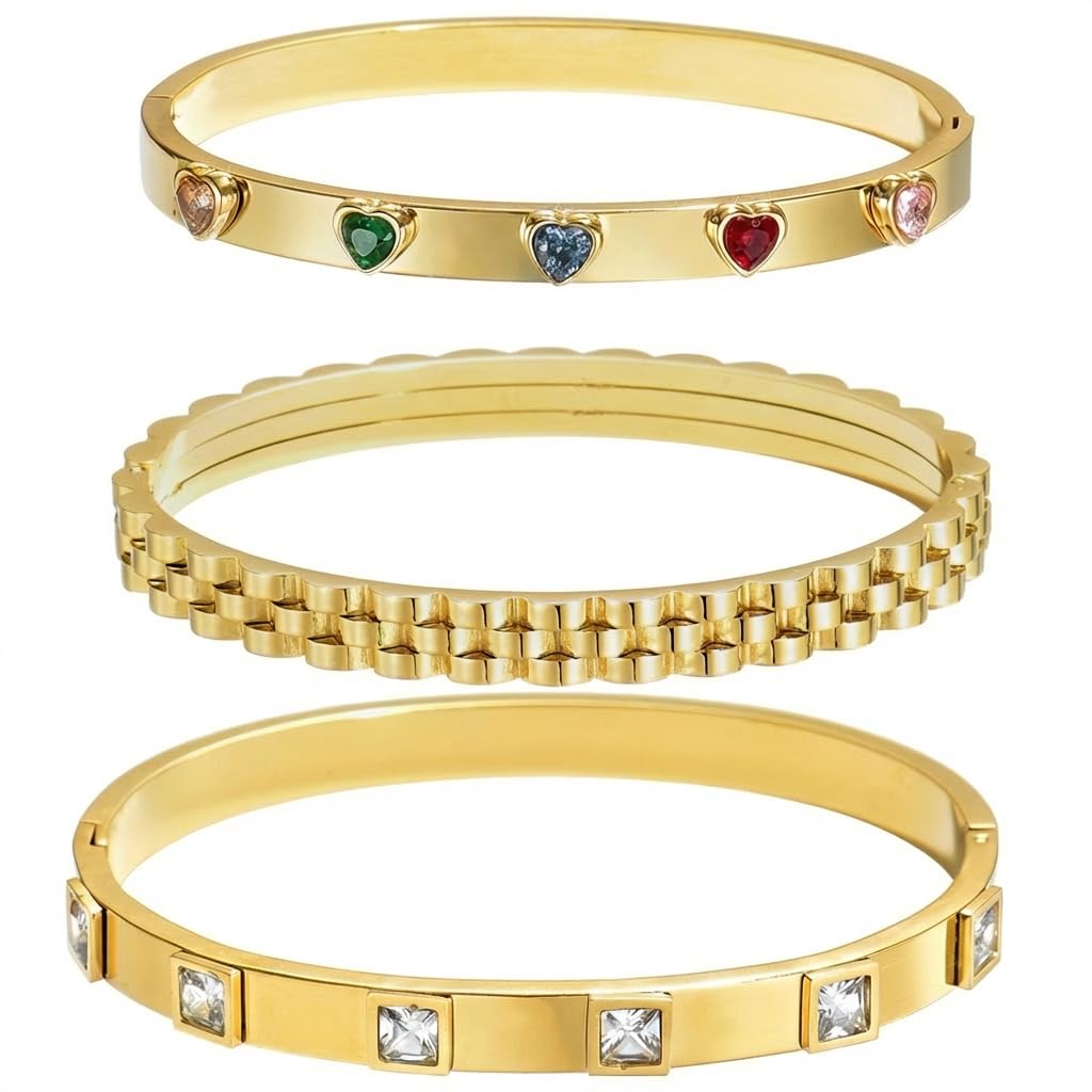 Xigocorsn Gold Bracelets For Women Heart Trendy Non Tarnish Trendy Stackable Charm Cuff Cute Mother Daughter Stainless Steel Bracelets (Three-piece bracelet set)