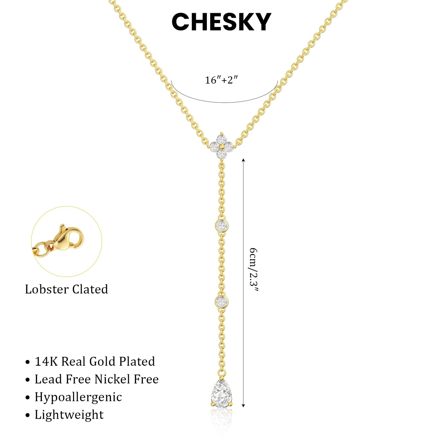 CHESKY Dainty Long Gold Necklaces for Women Trendy, Lariat Y Necklace 14k Gold Plated Layered Drop Necklaces Simple Handmade Cz Pendant Chain Gold Jewelry for Women Gifts