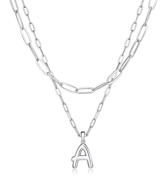 adoyi Silver Initial Necklace for Women 14k Gold Plated Layered Bubble Letter Necklaces Trendy Jewelry Chain Name A Pendant Necklace Stack Birthday Valentines Gifts