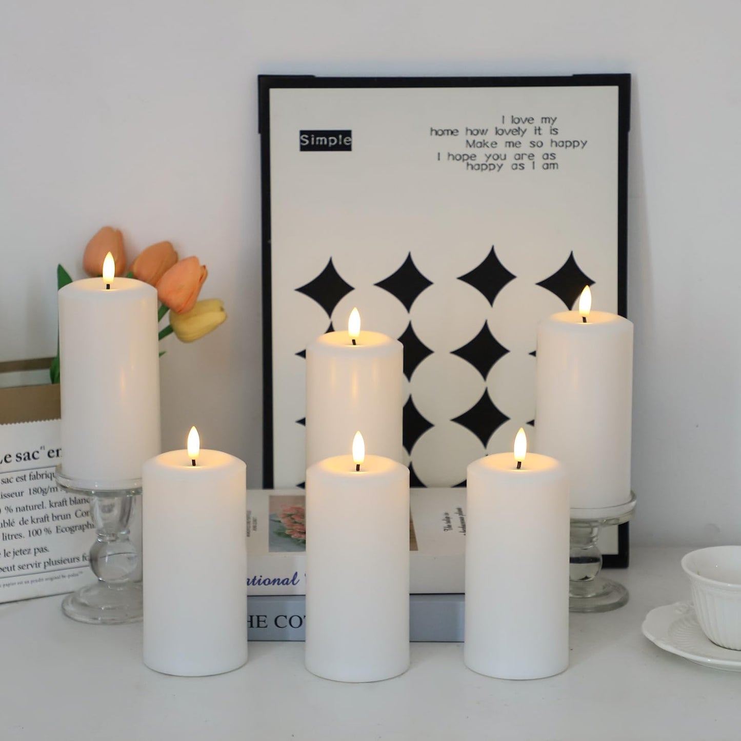 Hinabichan Flameless Candles Battery Operated with Remote and 2/4/6/8 H Timer, 6pcs Flickering Fake Electric Candles for Festival Wedding Home Party Decor (D3 x H 6") (White)"