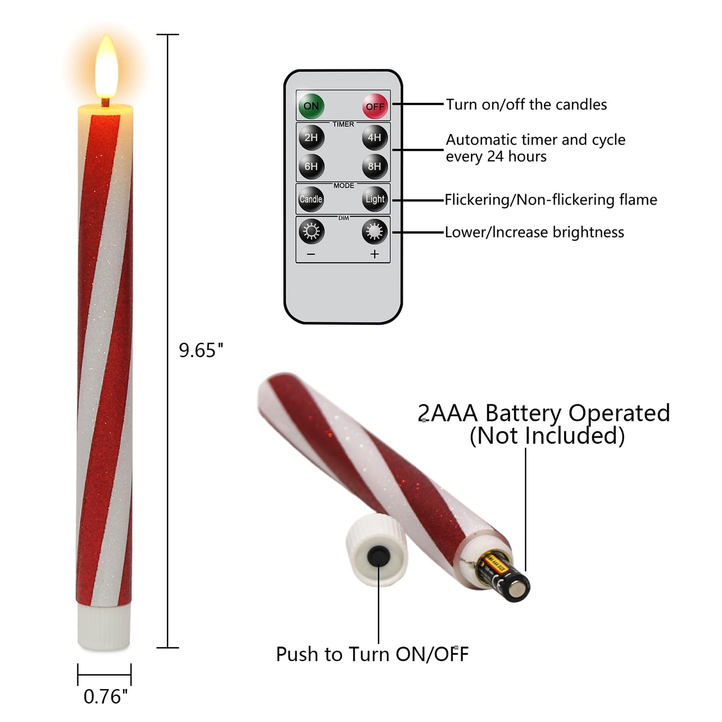 DRomance Christmas Flameless Taper Candles Flickering Battery Operated with Remote Timer, 2 Pack Real Wax 3D Wick LED Taper Candles Candy Cane Decals Holiday Indoor Dinner Decor(0.76" D x 9.65"" H)"
