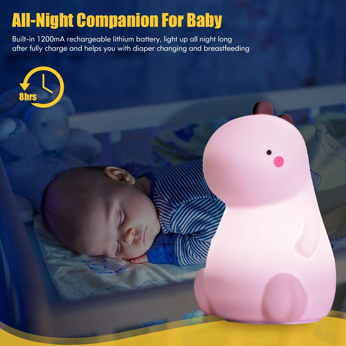VSATEN Dinosaur Night Light for Kids, Color Changing Silicone Baby Night Light with Touch Sensor for Kids' Bedroom, USB Rechargeable LED Bedside Nursery Lamp, Cute Dinosaur Lamp Gifts