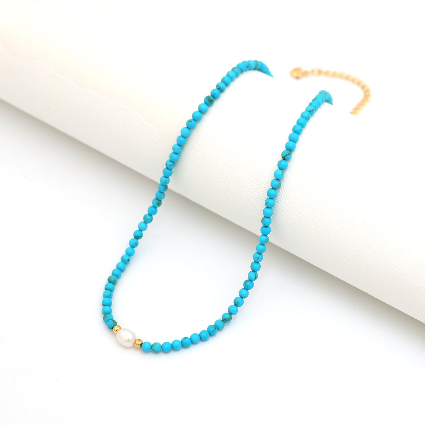 Turquoise Necklace for Women, 18K Gold Plated Dainty Small Turquoise Pearl Beaded Necklaces Handmade Beach Summer Boho Bead Necklaces for Women Blue Western Jewelry Non Tarnish 15.7 Inches