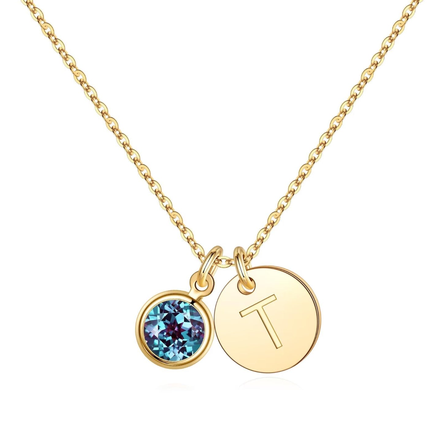 Hidepoo Mom Birthday Gifts for Female - Initial Alexandrite Birthstone Necklaces for Women, Mothers Day Personalized Gift for Woman Wife Grandma, Disc Initial T Necklace, June Birthstone Jewelry