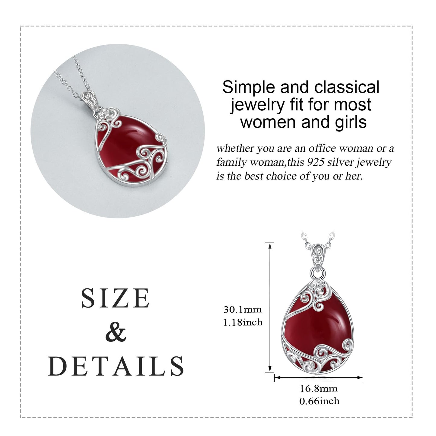 YAFEINI 925 Sterling Silver Red Agate Necklace Filigree Teardrop Pendant Necklace Jewelry for Women (BB-Red Agate Filigree Necklace)