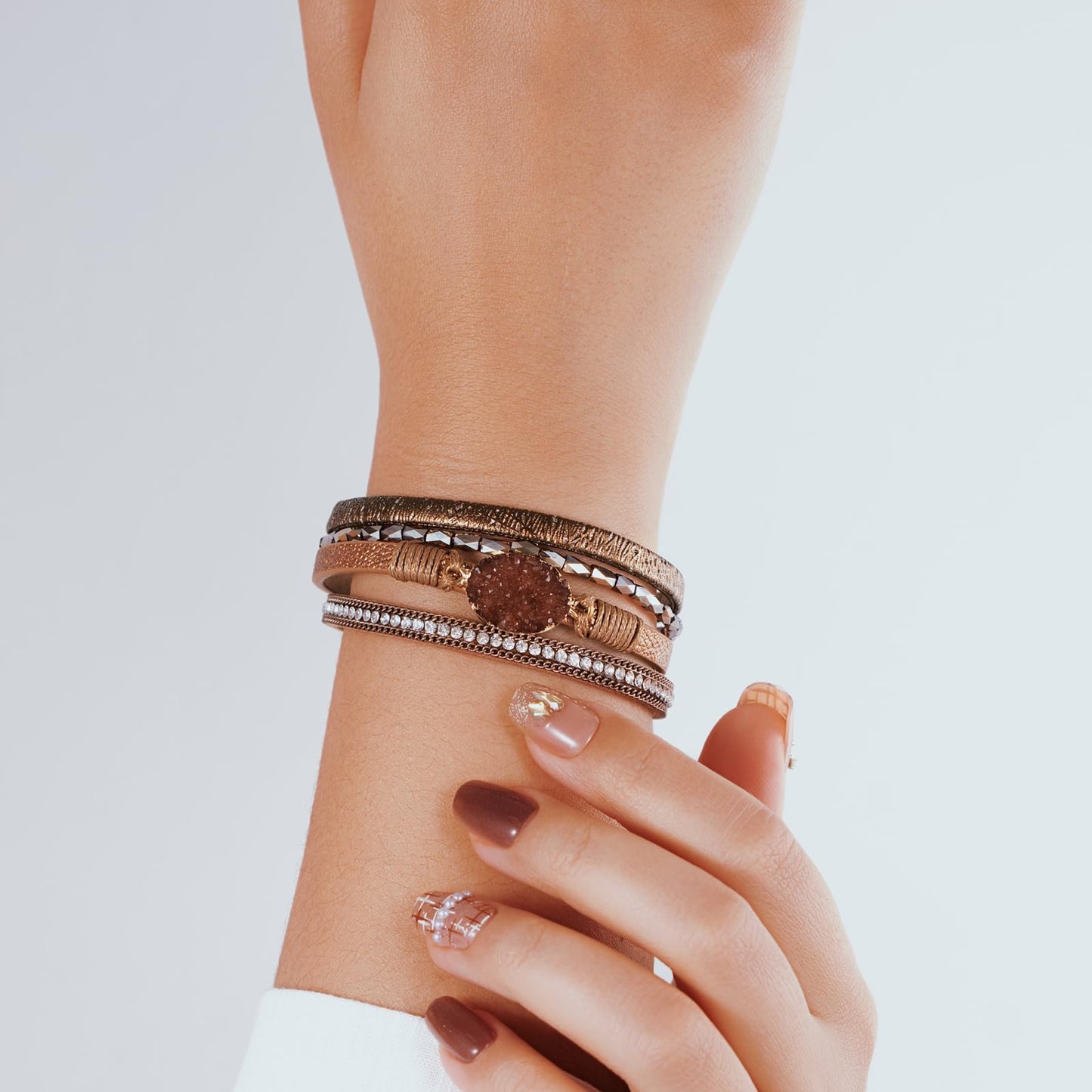 Becklynn Boho Leather Wrap Bracelets Beaded Crystal Stackable Cuff Bracelet with Magnetic Clasp Cowboy Cowgirl County Concert Outfits Western Jewelry Gifts for Women(Stone Brown)