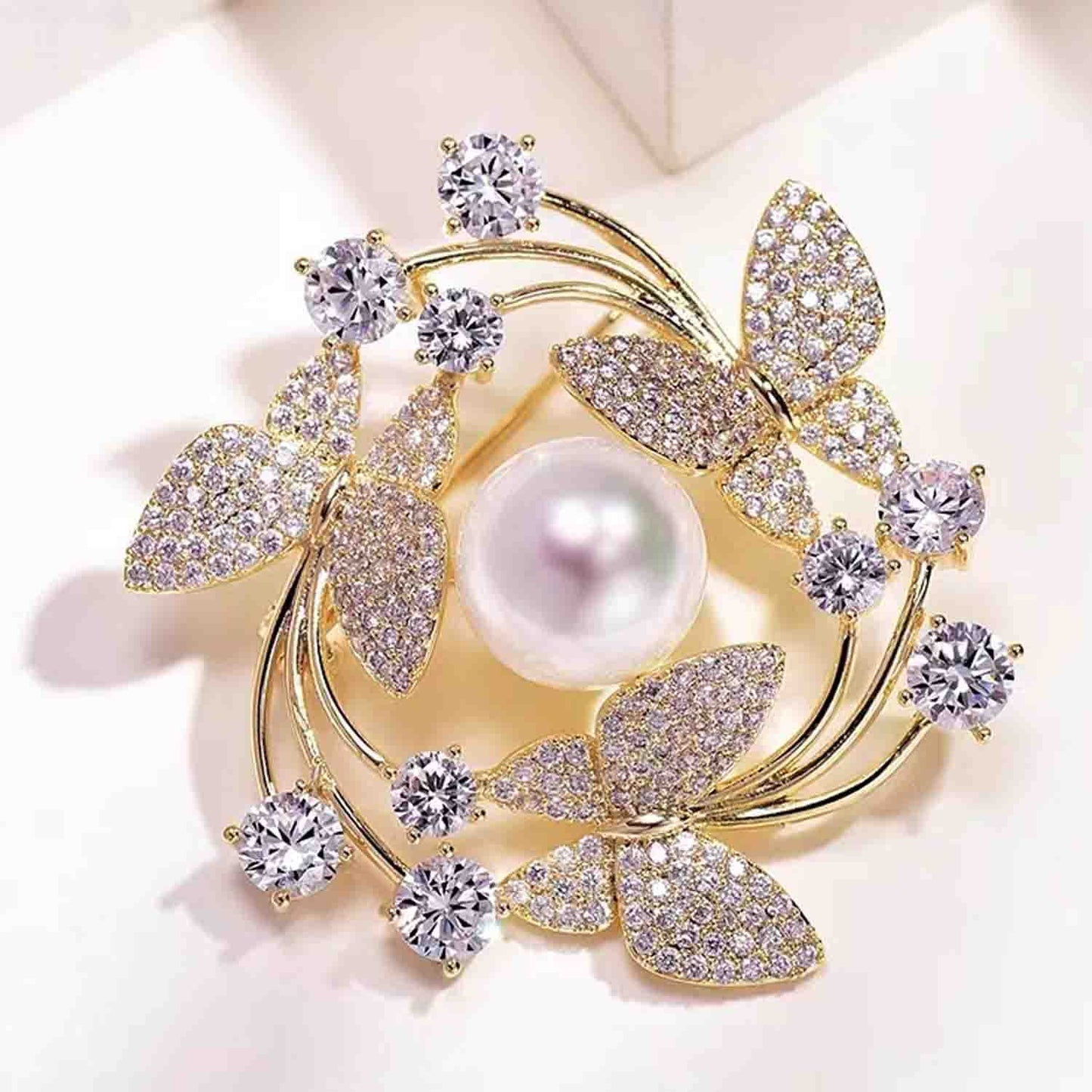 Gold Butterfly Wreath Flower Crystal Brooches Pins Fashion Beautiful Created Rhinestone Pearl Floral Brooch Good Idea for Party Dance Wedding Banquet for Elegant Women Girl (Butterfly Wreath)