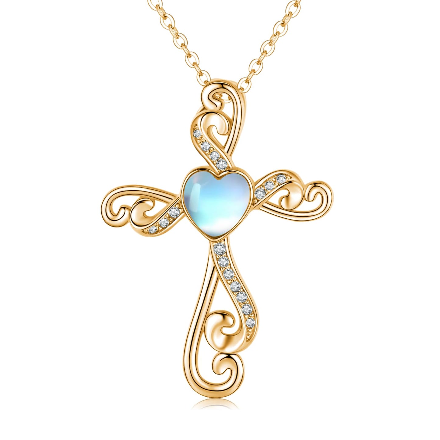 Twoowl 14K Gold Plated Cross Necklace 925 Sterling Silver Moonstone Christian Pendant Religious Cross Jewelry Gifts for Mom Women