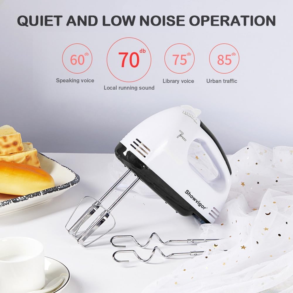Showvigor Electric Hand mixer - 7 Adjustable Speed 180W Handheld Mixer Electric Whisk with 5 Stainless Steel Accessories, Turbo Boost/Self-Control Speed + Eject Button Food Beater for Cakes Eggs