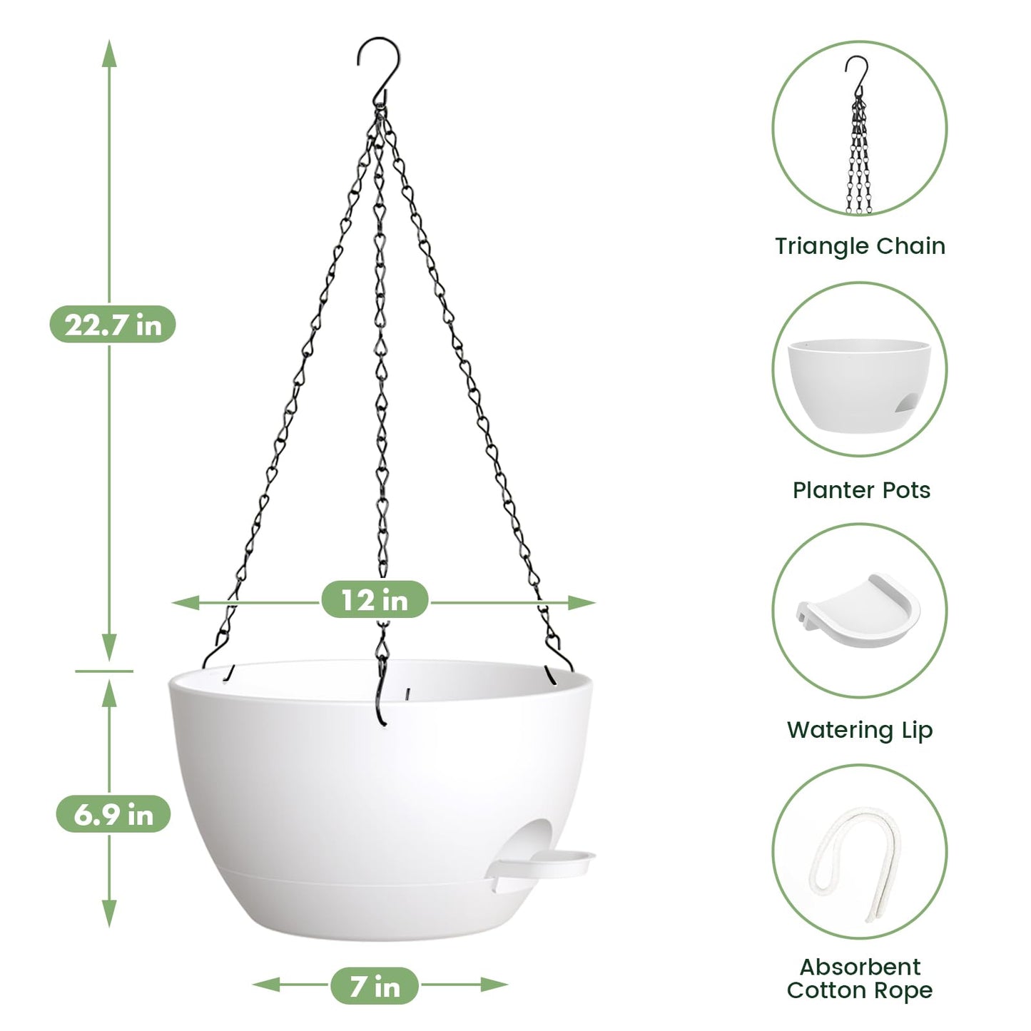 AHJZO 2 Pack 12 Hanging Flower Pots with Chains - Self Watering Plastic Planters for Indoor & Outdoor Plants, Sturdy Triangular Iron Chain Design for Garden PorchPlastic Hanging Flower pots (White)