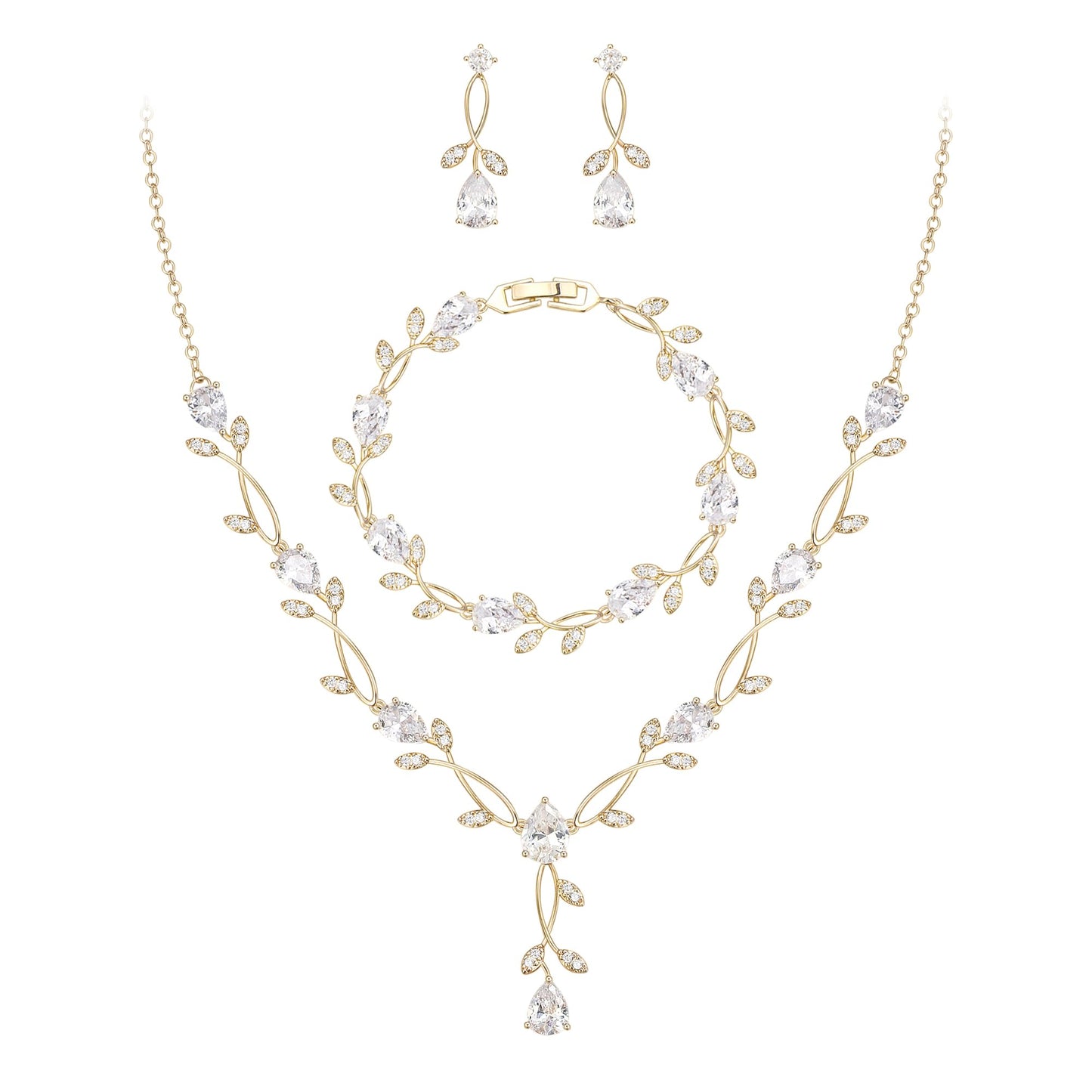 EVER FAITH Wedding Jewelry Set for Bride Bridesmaid, Gold-Plated-Brass Teardrop Cubic Zirconia Leaf Vine Bridal Prom Necklace Dangle Earrings Bracelet Sets for Women