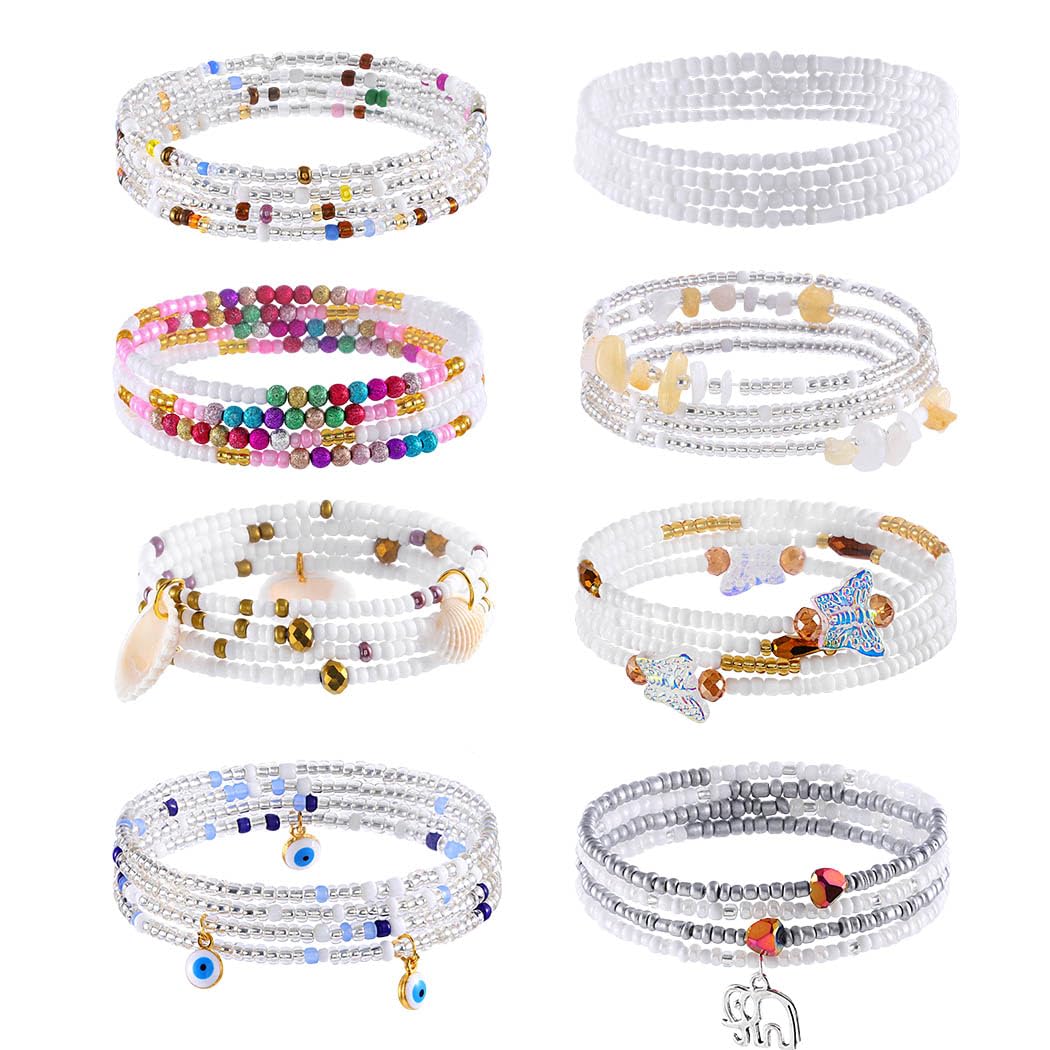 ELABEST 24-39inch African Waist Beads for Women 8Pcs Elastic Belly Beads Colorful Beaded Waist Jewelry Accessories Body Chain (White, 31.5inch/80cm)