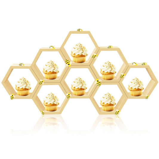 8 Pcs 4.13 Inch Honeycomb Cupcake Stand Cake Farmhouse Hexagon Display Holder Hexagonal Wood Cupcake Stand Floating Table Sign with Wooden Bee for Wedding Baby Shower Birthday Party Table Decorations