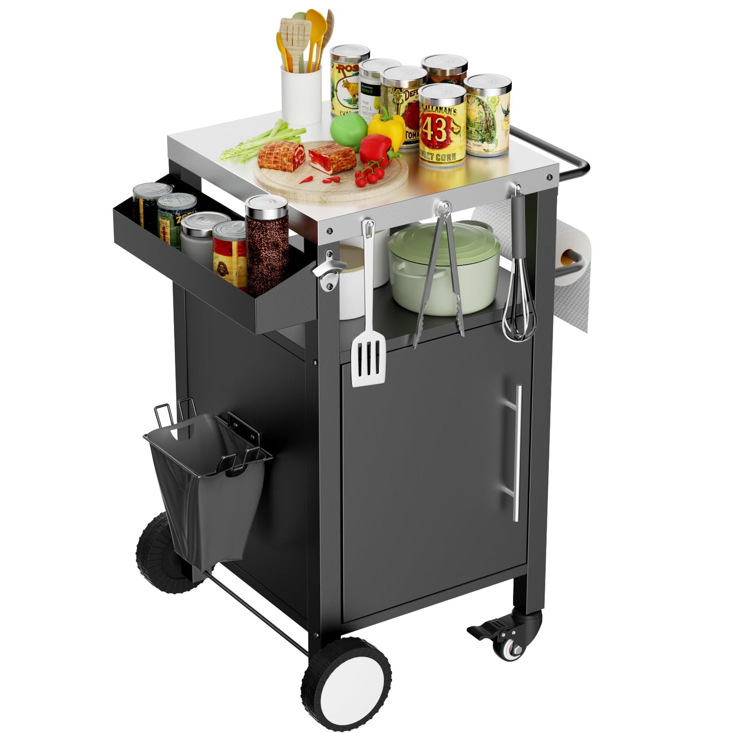 KEIKI Outdoor Grill Cart with Storage and Wheels, Rolling BBQ Prep Table with Spice Rack, Hooks, and Side Handles, Black Metal Bar Cart for Patio Kitchen and Grilling Accessories