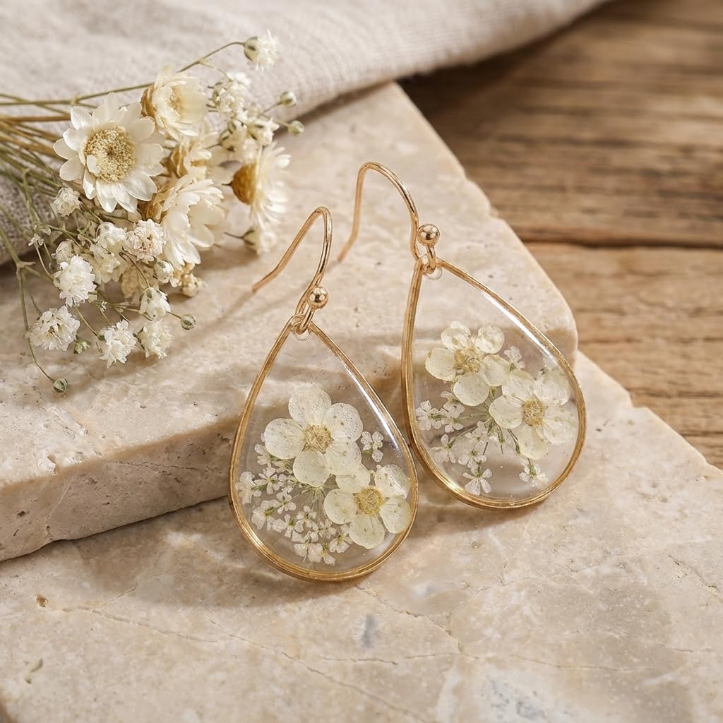 Jean Beau Handmade Pressed Flower Earrings for Women, Unique Resin White Dried Flowers Gold Plated Teardrop Dangle Drop Nature Floral Earings Fashion Summer Jewelry Gift