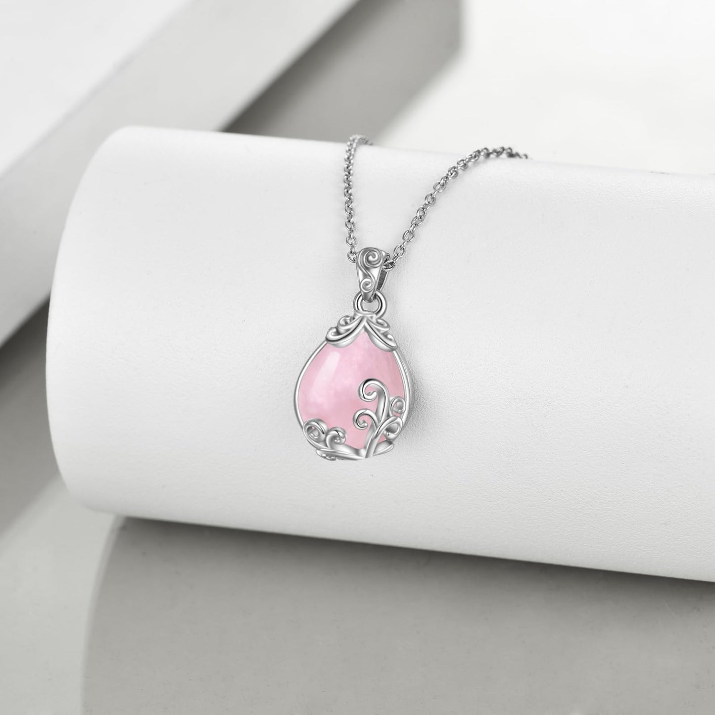 POPLYKE Sterling Silver Rose Quartz Filigree Teardrop Pendant Necklace Pink Gemstone Crystal Jewelry for Women