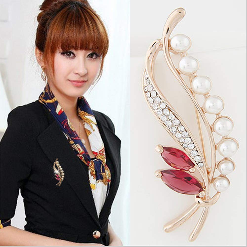 Flower Crystal Brooches Pins Fashion Beautiful Created Rhinestone Floral Brooch Good Idea for Party Dance Wedding Banquet for Elegant Women Girl (Pearl leaf brooch)
