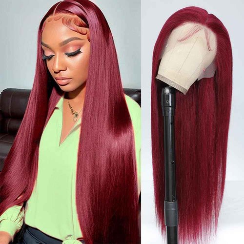 PiPiHA Burgundy Lace Front Wigs - 26 Inch Straight, Pre Plucked, 13x4 HD Glueless, 180% Density (26 Inch, 99j)