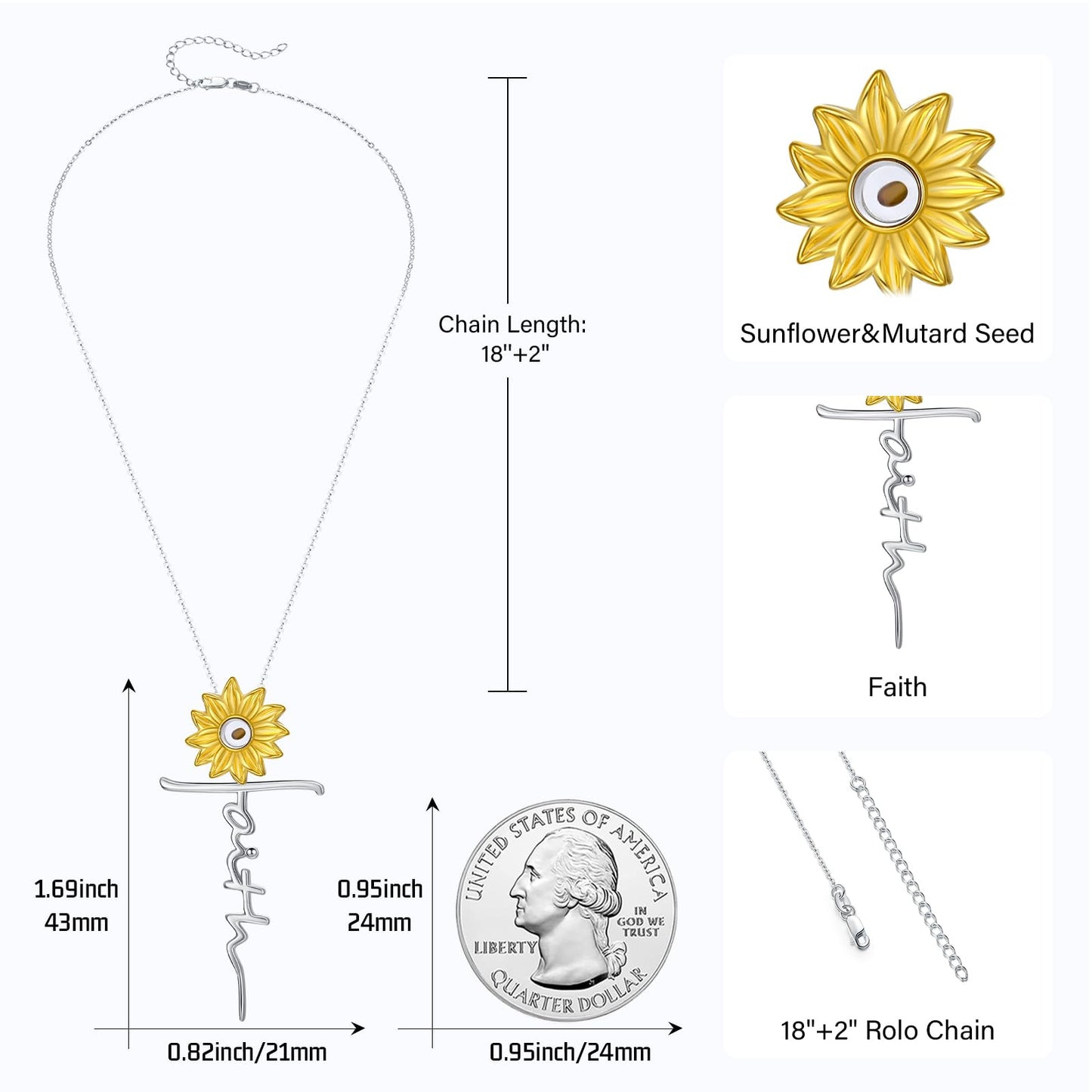 Suiknsn Mustard Seed Necklace 925 Sterling Silver Sunflower Faith Pendant Necklace Christian Jewelry Gifts for Women Girlfriend