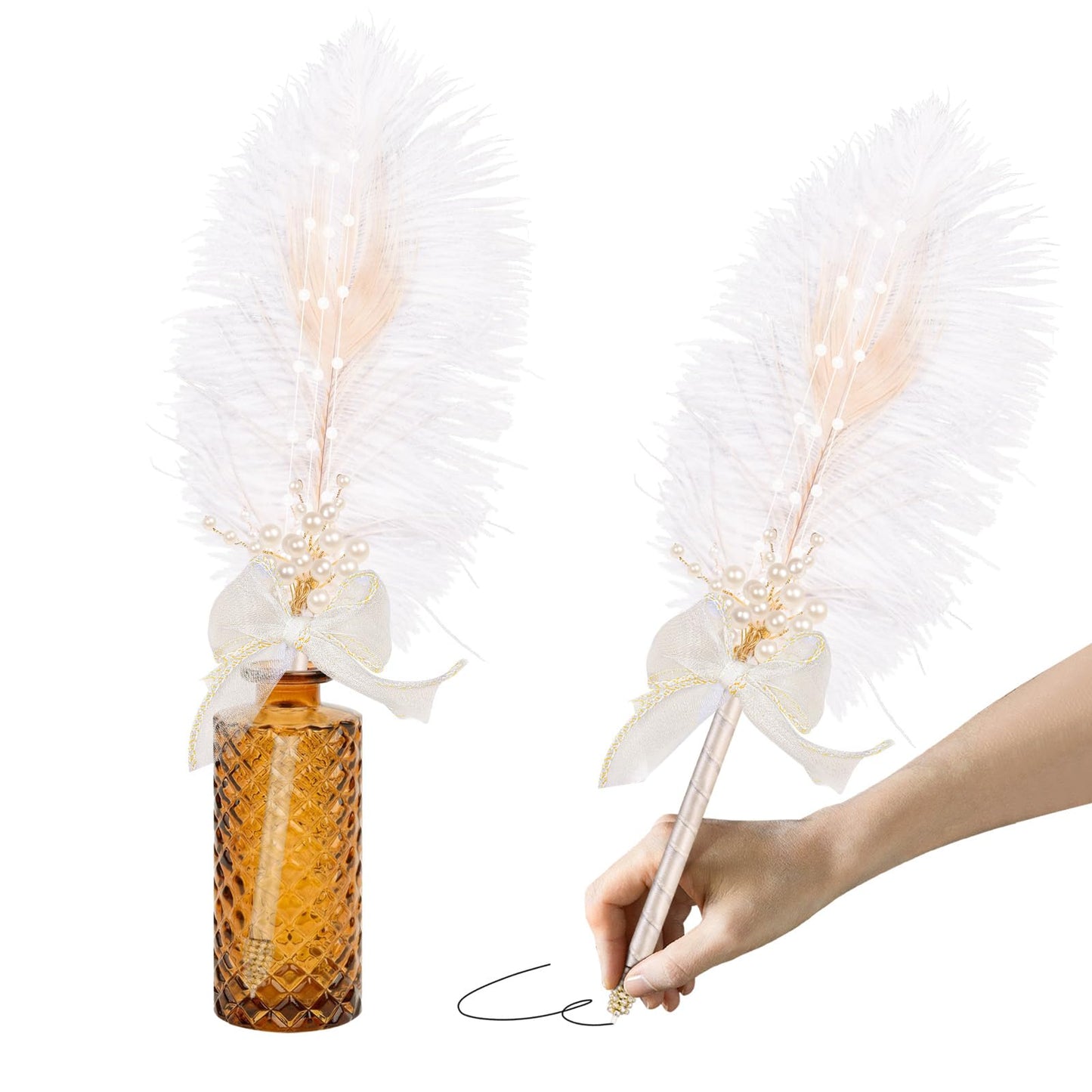Vijiv Ostrich Feather Pen Quill Ballpoint Pen, Refillable Wedding Pens for Guest Book Signing, Luxury Nikah Fancy Pens for 1920s Great Gatsby Accessories Party Favor Supplies White