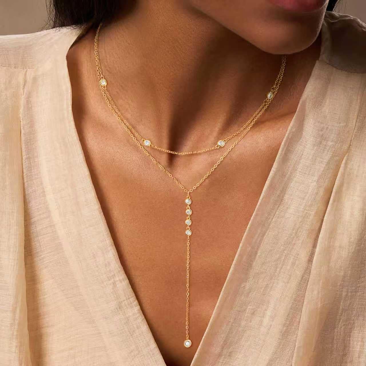Fglqfam Lariat Necklace for Women, Dainty Long Necklaces, 14k Gold/Silver Plated Y-Shaped Drop Chain Necklace, Simple Layered Necklaces, Trendy Jewelry Gifts