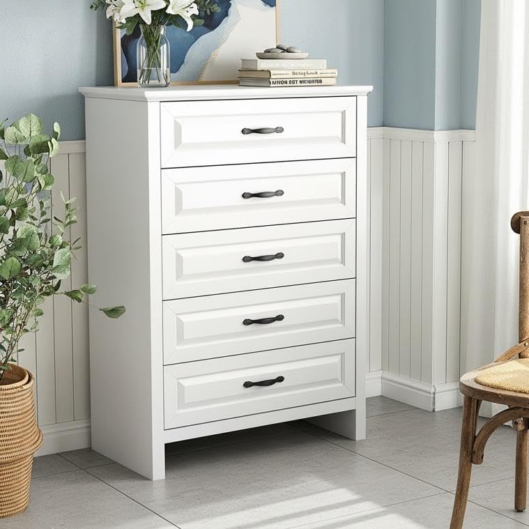 Marsail Farmhouse 5 Drawer Dresser, Wood Chest of Drawers with Natural Texture, Smooth Gliding Drawers, Versatile Storage Organizer Cabinet for Bedroom & Living Room, White