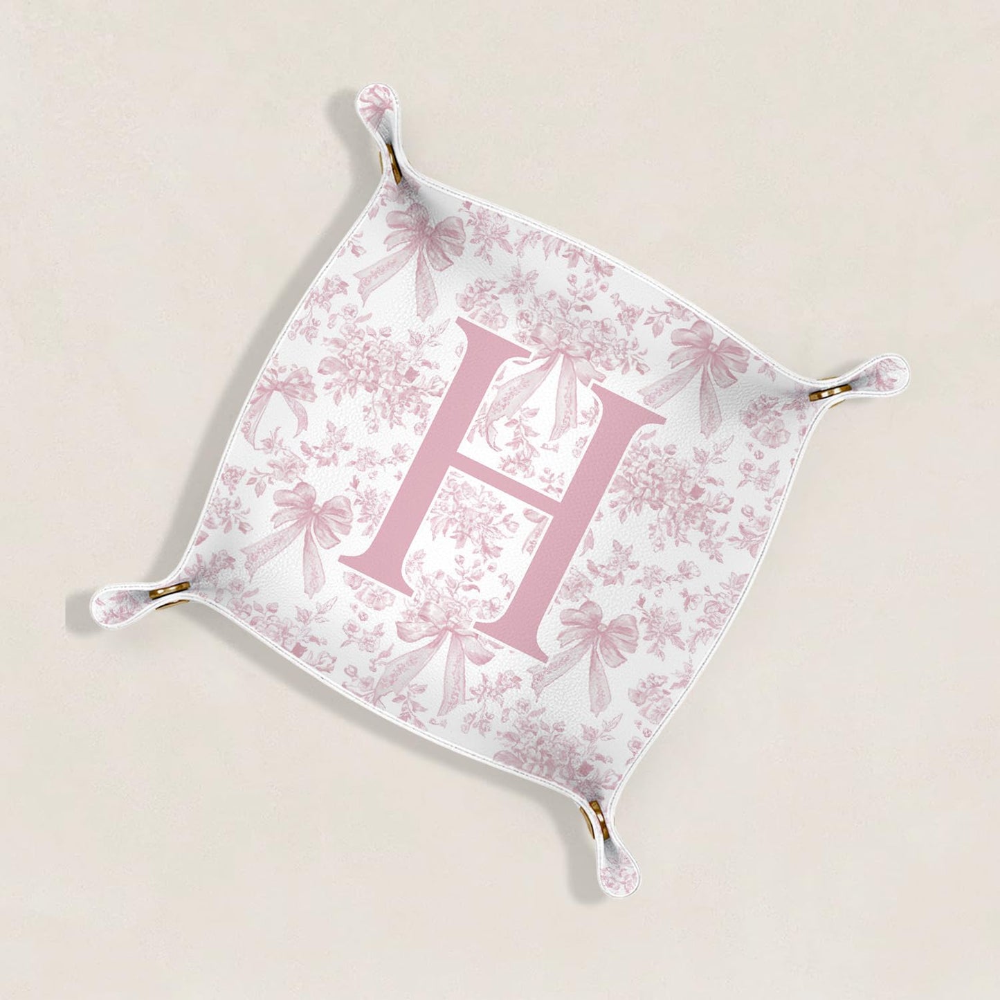 Dilemat Gifts for Women Initial Valet Tray,Pink Personalized Gifts for Women Mom Grandma Girlfriend,Nightstand Desk Accessories PU Leather Tray Organizer for Birthday Christmas Gift Ideas (H)